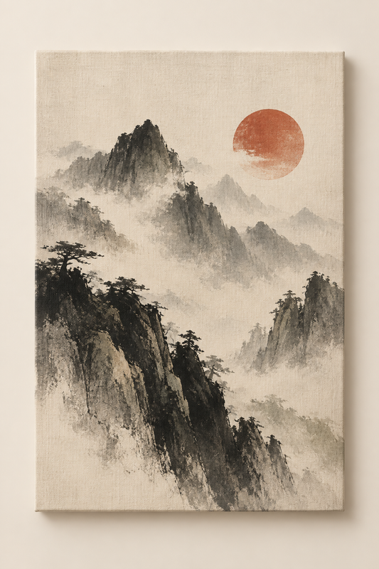 Crimson Mist — Misty Mountain Landscape Wall Art